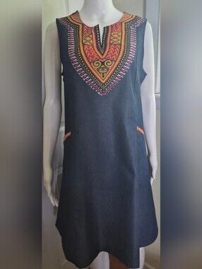 Lapogee Blue Denim Dashiki Shift Dress with Pockets